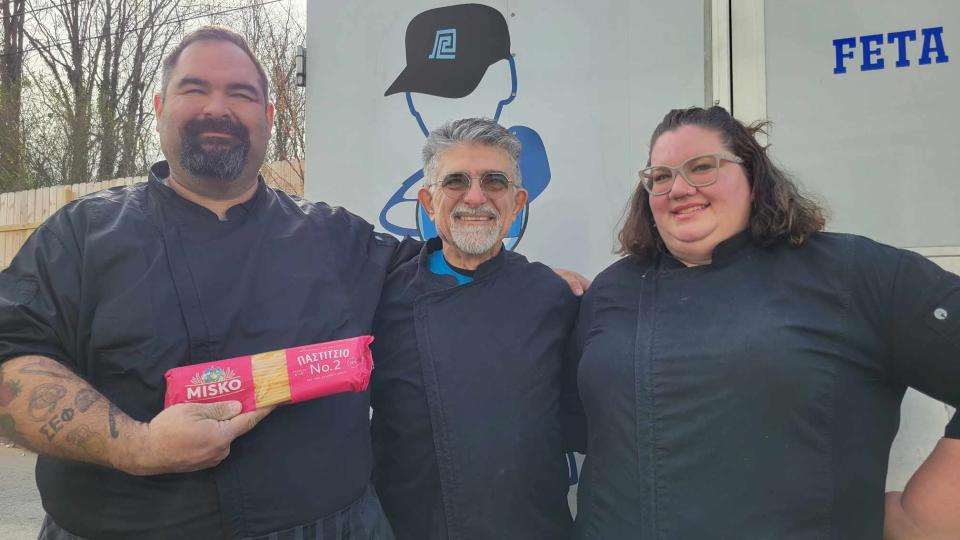 Feta Flav restaurant owners Alex Baxevanis, left, and his wife, Ashleigh, pose with the father of Alex Baxevanis, George Baxevanis.