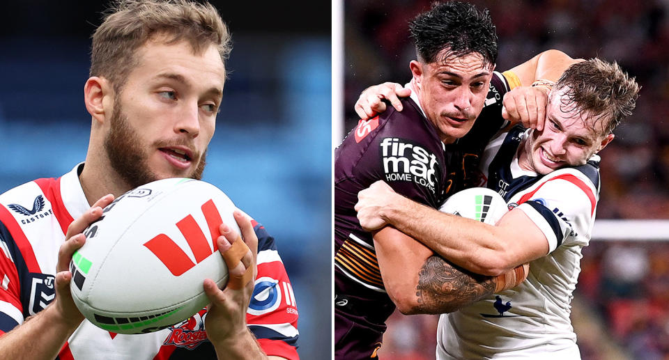 Roosters half Sam Walker is seen playing against the Brisbane Broncos in the right image.