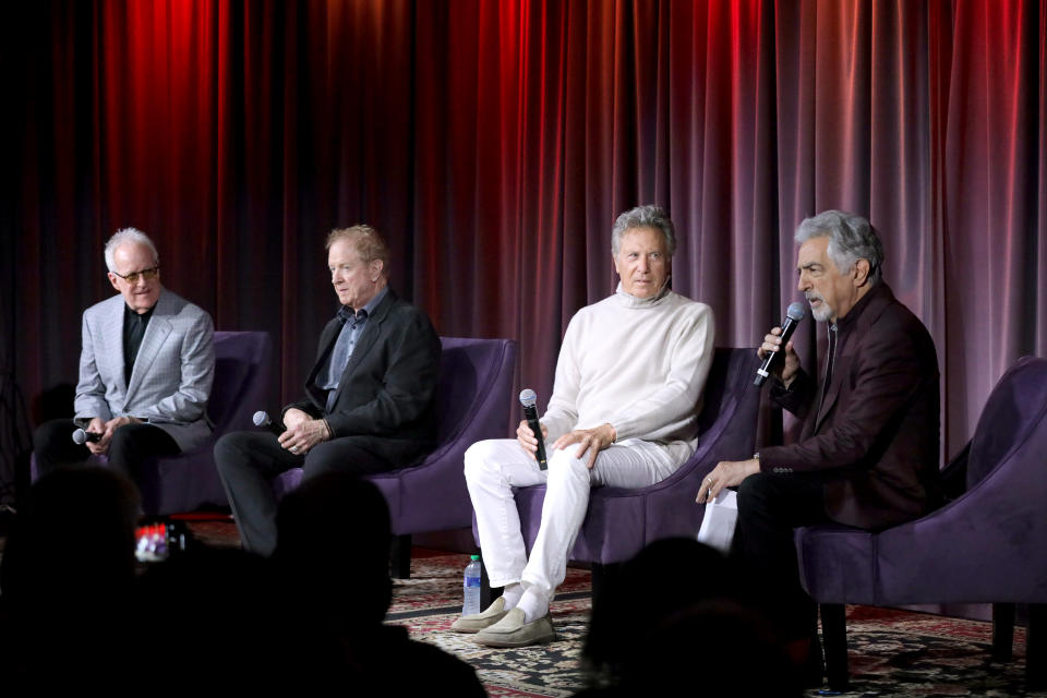 LOS ANGELES, CALIFORNIA - SEPTEMBER 15: James Pankow, Lee Loughnane, and Robert Lamm speak with Joe Mantegna at A Conversation With Chicago at The GRAMMY Museum on September 15, 2022 in Los Angeles, California. (Photo by Rebecca Sapp/Getty Images for The Recording Academy)