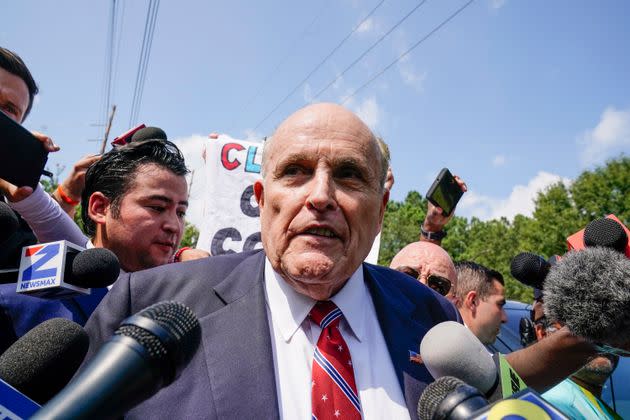 Rudy Giuliani speaks outside the Fulton County jail, on Aug. 23, 2023, in Atlanta. ()