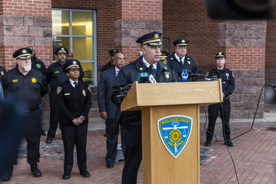 Frank Vanore, Philadelphia Police Department First Deputy Commissioner Field Operations, speaks to press and updates the current status of the inmate who escaped at the Philadelphia Detention Center in the Holmesburg Section in Philadelphia on Thursday, Nov 30, 2023. Police were searching on Friday, Dec. 1, 2023, for Gino Hagenkotter, an inmate who escaped from a Philadelphia jail by walking away from a work detail, the fourth breakout from a city lockup this year. (Tyger Williams/The Philadelphia Inquirer via AP)