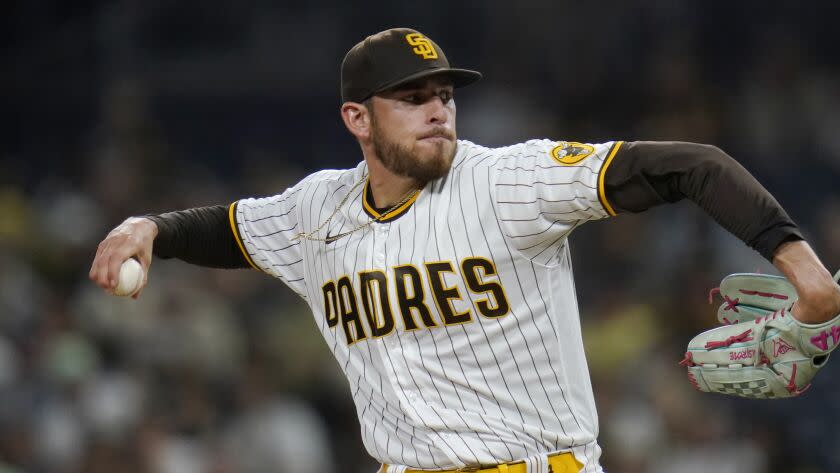 Padres pitcher Joe Musgrove works against the San Francisco Giants on Oct. 3, 2022, in San Diego.