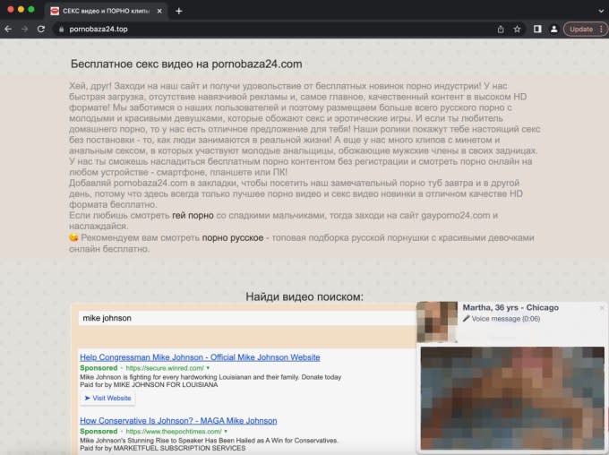 Google Search Partners ads for Mike Johnson displayed on a porn site