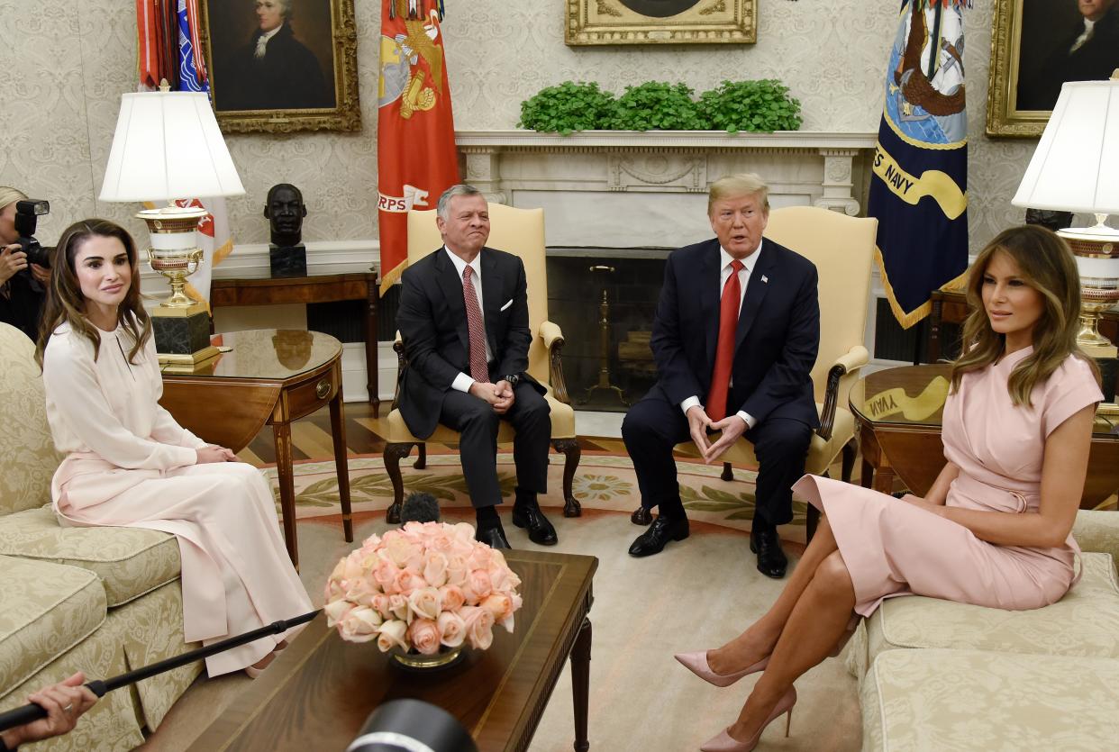 Queen Rania and King Abdullah II visit with Donald and Melania Trump at the White House. (Photo: Getty Images)