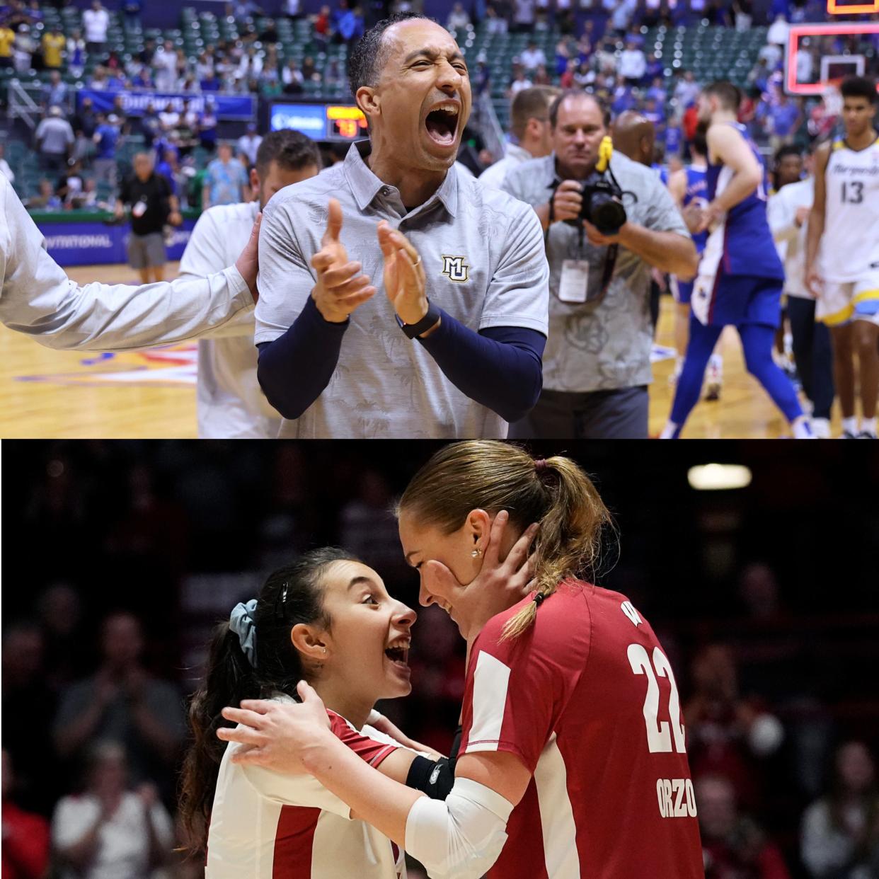 (Top) Marquette men's basketball coach Shaka Smart celebrates his team's win over Kansas at the Maui Invitational on Nov. 22 and (below) Wisconsin libero/defensive specialist Gülce Güçtekin (left) and libero Julia Orzol celebrate their lead over Nebraska during the third set of their game on Friday November 24, 2023 at the UW Field House in Madison, Wis.
