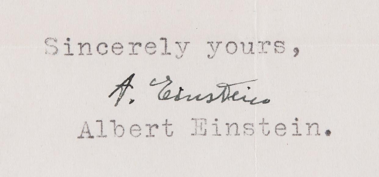 A detail from the letter New London resident Jack Monsted received from Albert Einstein, dated April 21, 1946.