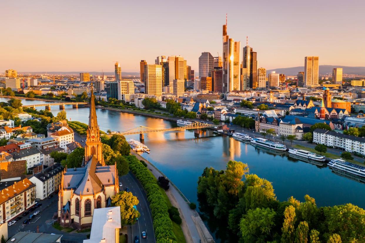 cityscape of frankfurt am main at sunrise aerial view