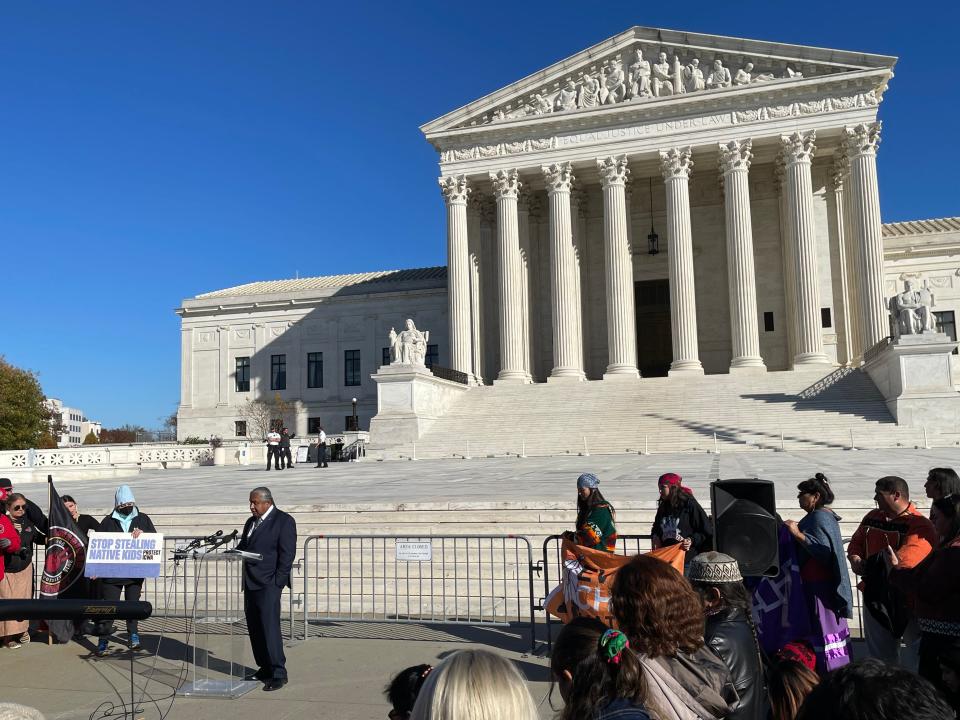 Charles Martin speaks to a crowd on Nov. 9, the day of oral arguments in Haaland v. Brackeen before the U.S. Supreme Court.