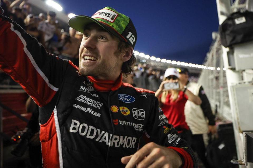 NASCAR Cup Series driver Ryan Blaney celebrates with fans after winning the Coca-Cola 600 on Monday, May 29, 2023 at Charlotte Motor Speedway.