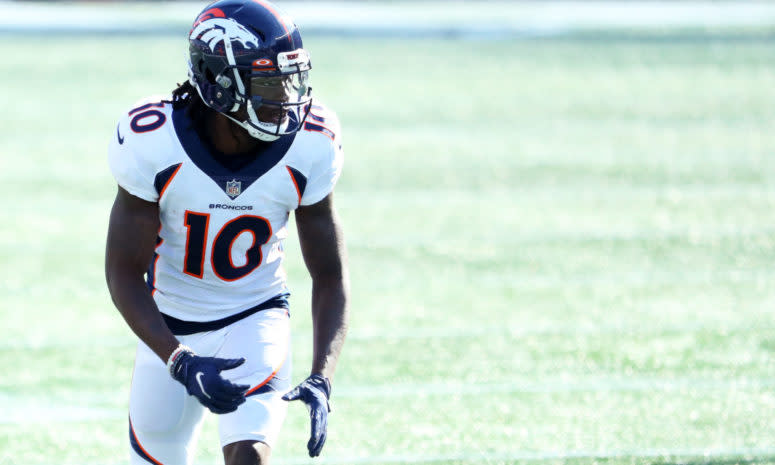 Denver Broncos wide receiver Jerry Jeudy lines up for a play.