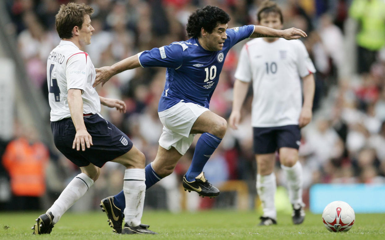 The Rest of the World's Diego Maradona and England's Ben Shephard in action at ITV Soccer Aid, Old Trafford, 2006 (Action Images / John Sibley Livepic) 