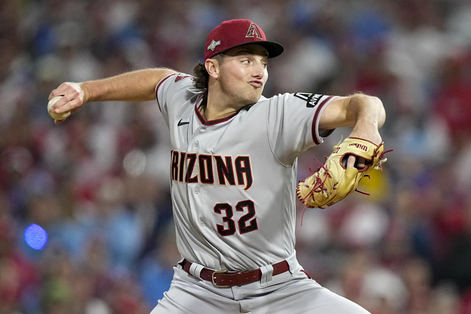 Arizona Diamondbacks starting pitcher Brandon Pfaadt throws against the Philadelphia Phillies during the fourth inning in Game 7 of the baseball NL Championship Series in Philadelphia Tuesday, Oct. 24, 2023. (AP Photo/Brynn Anderson)