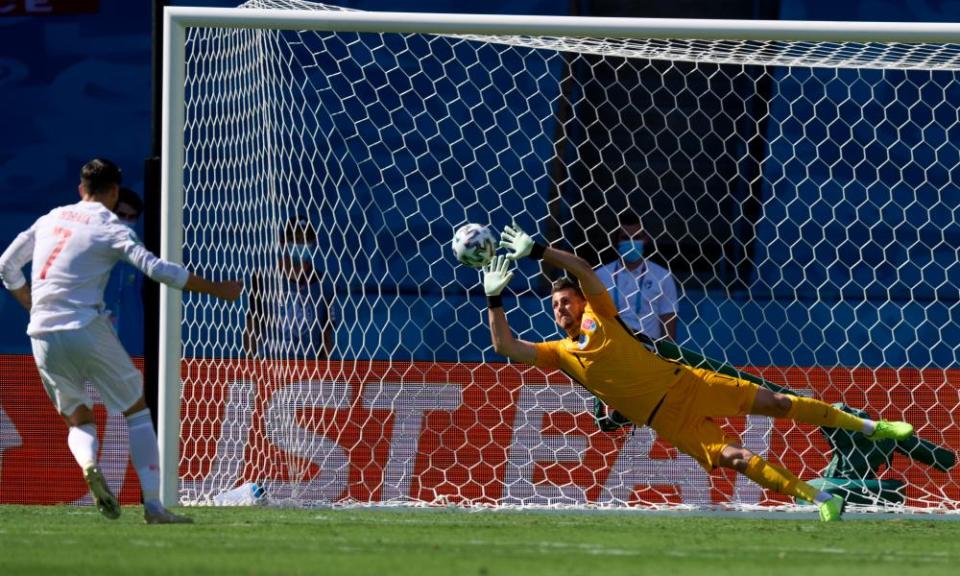 Martin Dubravka saves Álvaro Morata’s first-half penalty.