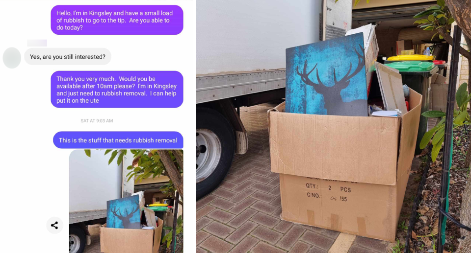 Text exchange between Moko and the removalist (left) and the items all put tidy in a box and by the side of driveway (right). 