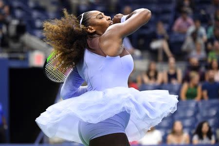 Sep 6, 2018; New York, NY, USA; Serena Williams of the United States hits to Anastasija Sevastova of Latvia in a women's semi-final match on day eleven of the 2018 U.S. Open tennis tournament at USTA Billie Jean King National Tennis Center. Mandatory Credit: Danielle Parhizkaran-USA TODAY SPORTS