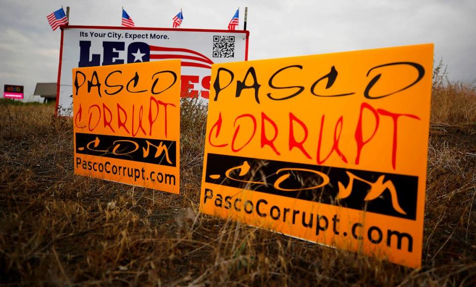 PasocCorrupt.com signs placed near election signs in late October on the northeast of the Road 68 and Sandifur Parkway intersection in Pasco.