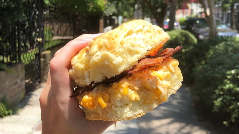 Bacon cheese biscuit outdoors