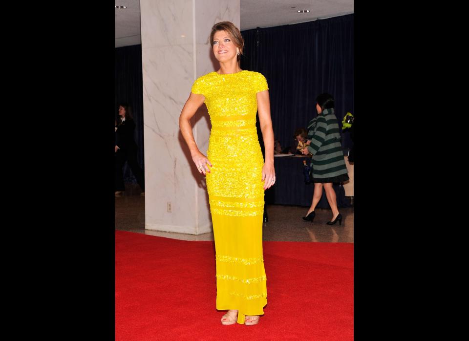 A surprising look for the CBS Chief White House Correspondent. The acid yellow is like sunshine. The high neck creates a graceful line with what we call "Gwyneth sleeves" (longer than a cap but structured with a shoulder pad).     2012 White House Correspondents' Association Dinner  (Photo Credit: Getty Images)
