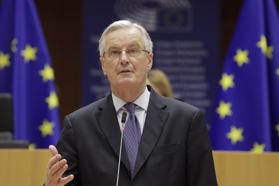 European Commission's Head of Task Force for Relations with the United Kingdom Michel Barnier addresses European lawmakers at the European Parliament in Brussels, Friday, Dec. 18, 2020. Barnier said that the bloc and the United Kingdom were starting a "last attempt" to clinch a post-Brexit trade deal, with EU fishing rights in British waters the most notable remaining obstacle to avoid a chaotic and costly changeover on New Year. (Olivier Hoslet/Pool Photo via AP)