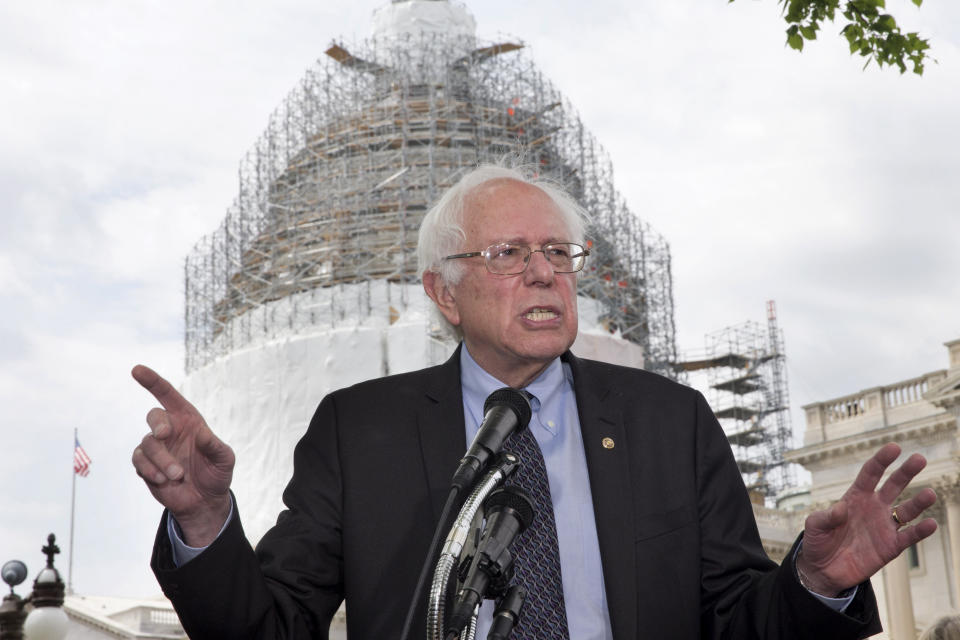 Sen. Bernie Sanders (I-Vt.) speaks to the media about his agenda in running for president, Thursday, April 30, 2015, on Capitol Hill in Washington. (AP Photo/Jacquelyn Martin)