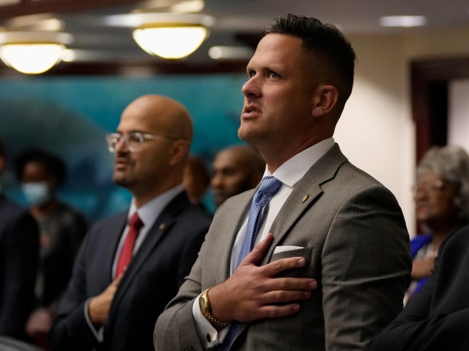 Florida Republican state Rep Joe Harding, right, is a chief sponsor of what opponents call ‘Don’t Say Gay’ legislation in the state legislature. (AP)