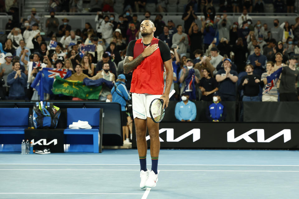 Nick Kyrgios (pictured) thanks the crowd after winning his first round match at the Australian Open.