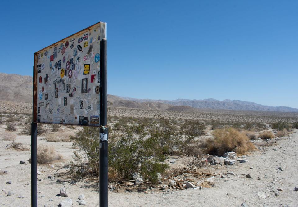 The rear of the "Welcome to Sky Valley" sign in Sky Valley, Calif., on September 17, 2022.