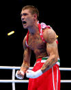 LONDON, ENGLAND - AUGUST 02: Domenico Valentino of Italy celebrates his victory over Josh Taylor of Great Britain during the Men's Light (60kg) Boxing on Day 6 of the London 2012 Olympic Games at ExCeL on August 2, 2012 in London, England. (Photo by Scott Heavey/Getty Images)