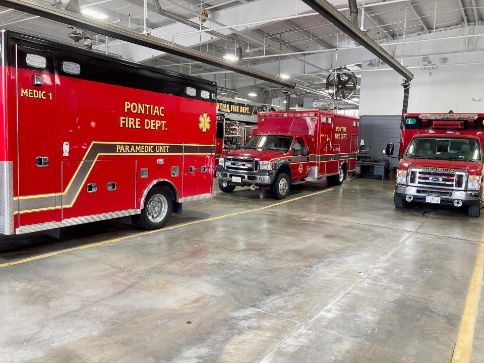 Three of the five ambulances in the Pontiac Fire Department's fleet sit in the department's garage on Howard Street. PFD Chief Jacob Campbell said two of the ambulances in the fleet will be housed at a substation on the city's west side when the structure is completed. There is no timetable yet when the substation will be constructed.