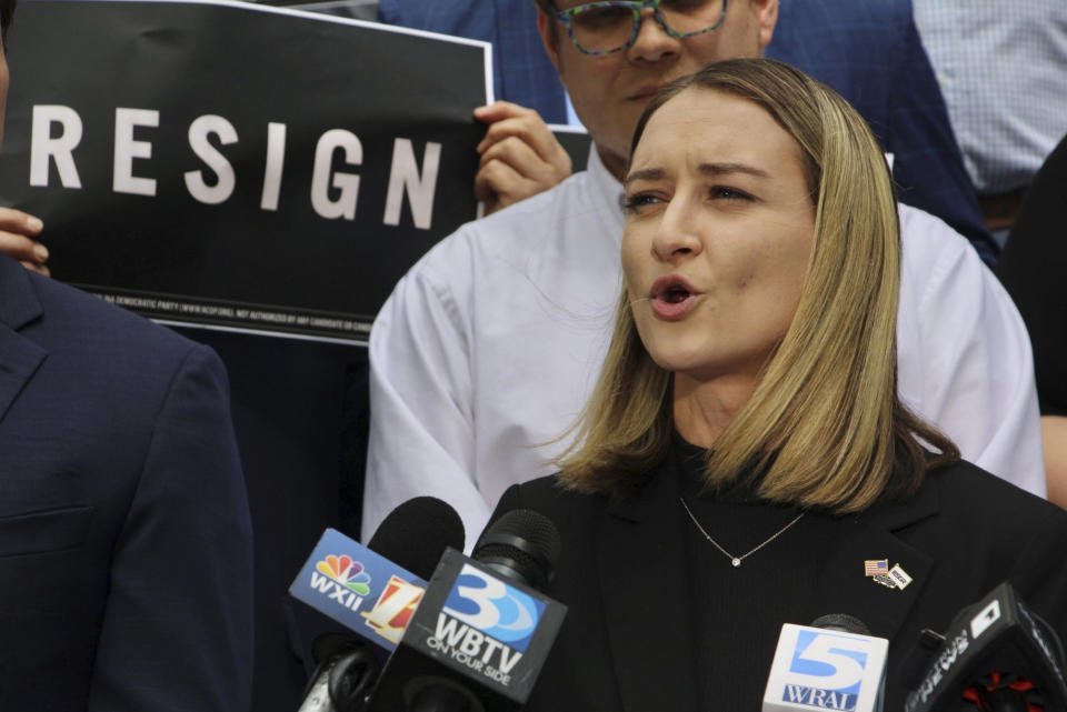 North Carolina Democratic Party Chair Anderson Clayton speaks at a rally calling for state Rep. Tricia Cotham's resignation after she switched to the Republican Party Wednesday, April 5, 2023, at the state Democratic Party headquarters in Raleigh, N.C. (AP Photo/Hannah Schoenbaum)