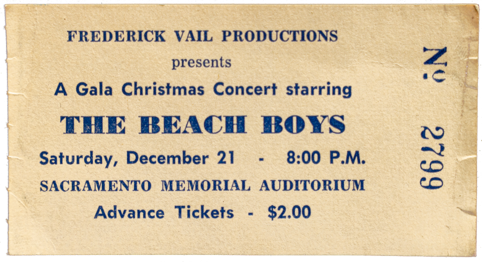 A ticket from The Beach Boys' 1963 Christmas concert show in Sacramento, a show produced by Fred Vail.