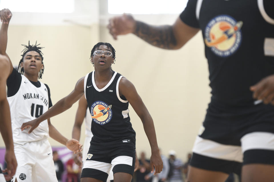 Strive for Greatness' Bryce James during Peach Jam on July 6, 2023. (Katie Goodale/USA TODAY Network)