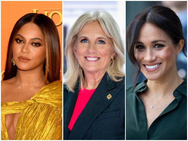 A composite image from left to right: Beyonce, first lady Dr. Jill Biden, and Meghan Markle.