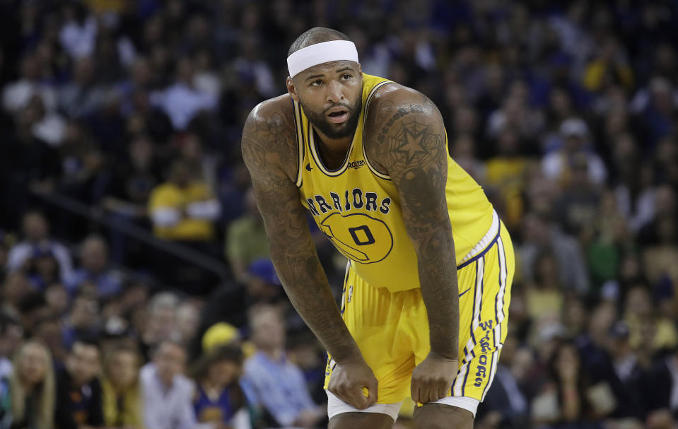 DeMarcus Cousins left Monday's game after falling and clutching his left thigh. (AP)