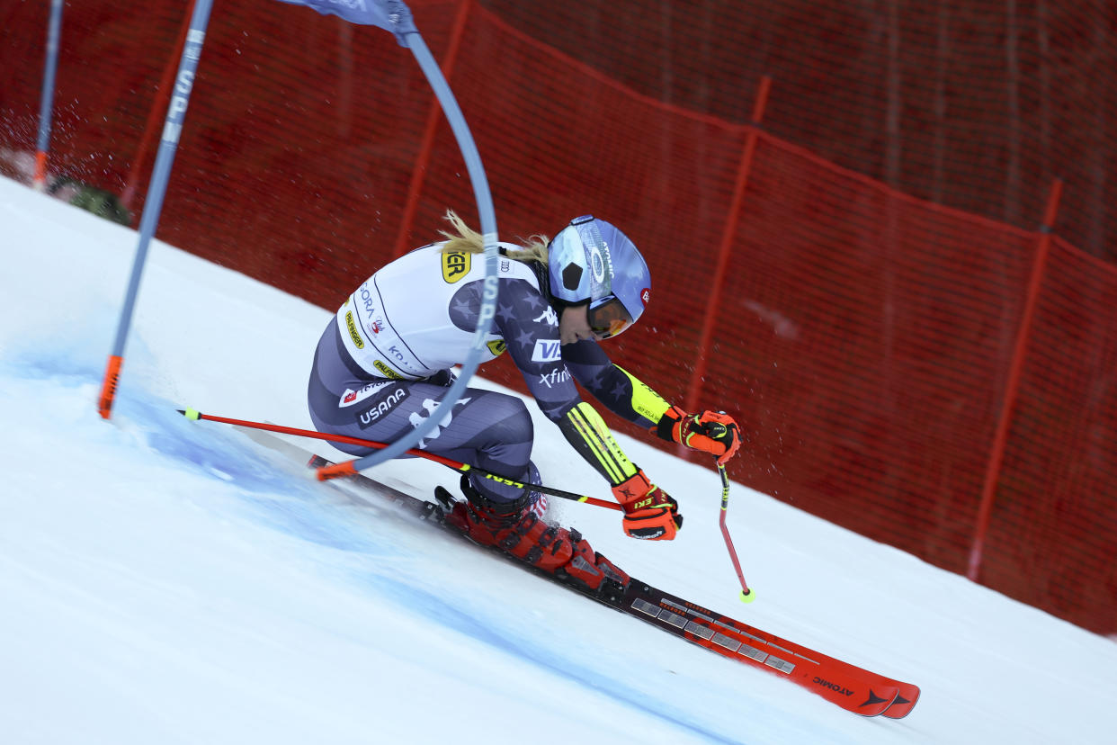 United States' Mikaela Shiffrin speeds down the course during an alpine ski, women's World Cup giant slalom race, in Kranjska Gora, Slovenia, Sunday, Jan. 8, 2023. (AP Photo/Marco Trovati)