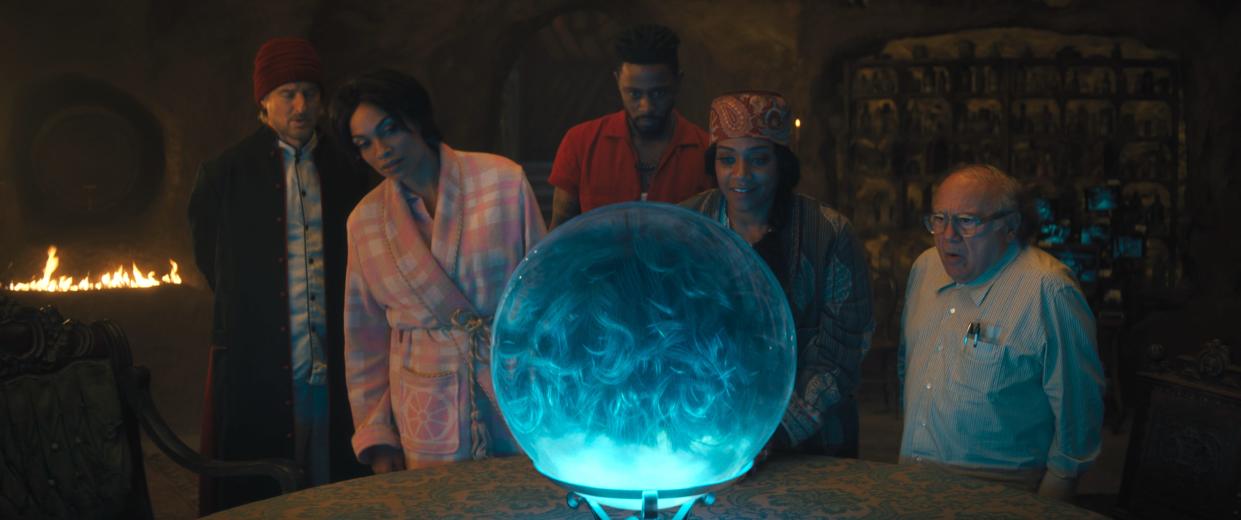 Father Kent (Owen Wilson), Gabbie (Rosario Dawson), Ben (LaKeith Stanfield). Harriet (Tiffany Haddish) and Bruce (Danny DeVito) have to solve a ghostly mystery before it's too late in the supernatural comedy "Haunted Mansion," based on the Disney theme-park ride.