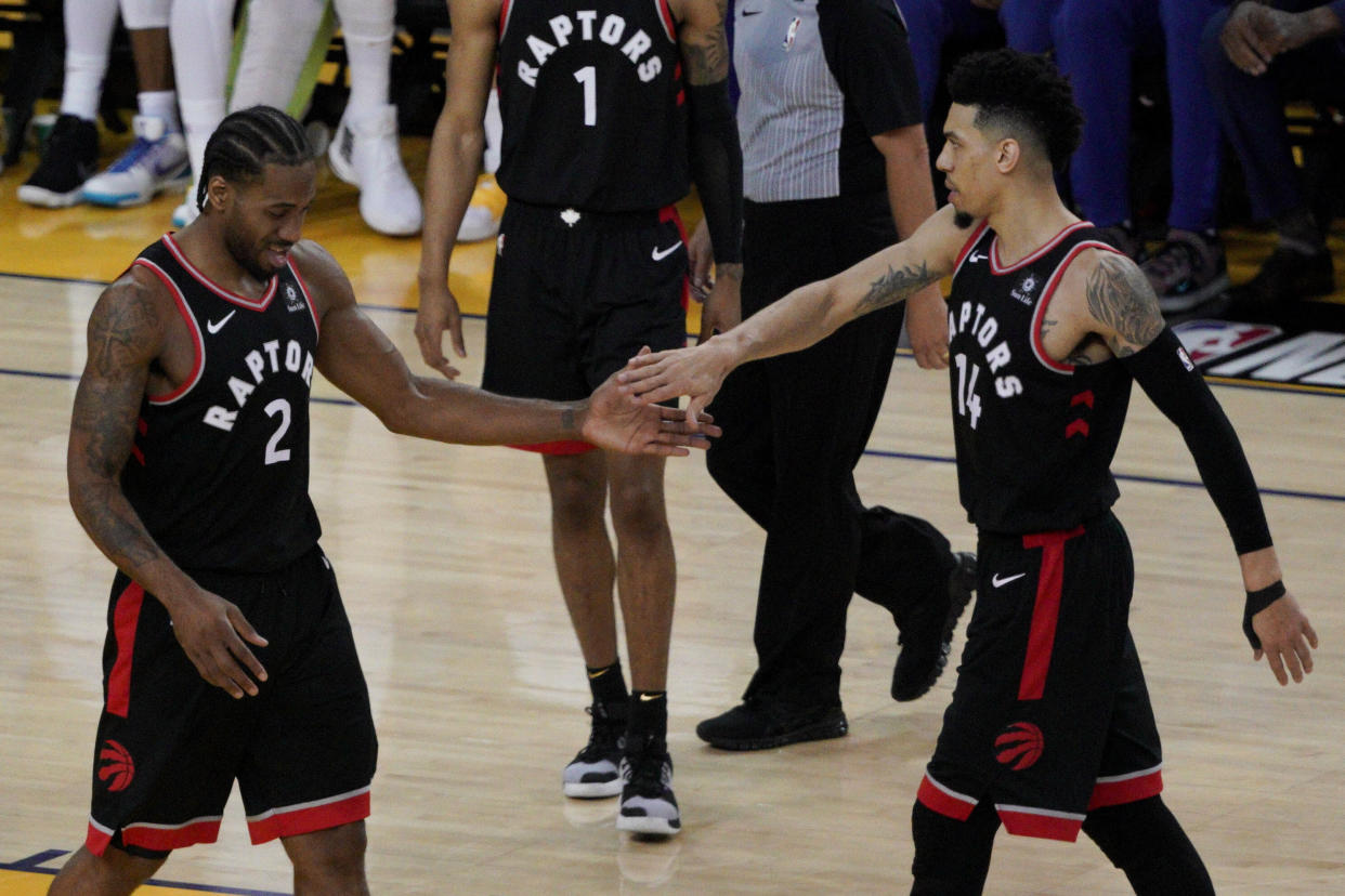 Kawhi Leonard and Danny Green were just two of the Raptors who came up big in Game 3. (AP)