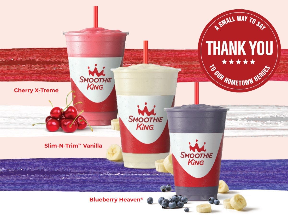 On Saturday, Nov. 11, Smoothie King will give all active duty and military veterans a free 20-ounce Cherry X-Treme (red), Slim-N-Trim Vanilla (white) or Blueberry Heaven (blue) smoothie.