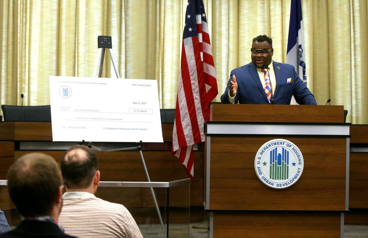 Iowa City Mayor Bruce Teague speaks to the crowd after the city received a $3.75 million Pathways to Removing Obstacles to Housing grant from the U.S. Department of Housing and Urban Development Thursday, June 27, 2024 in Iowa City, Iowa.