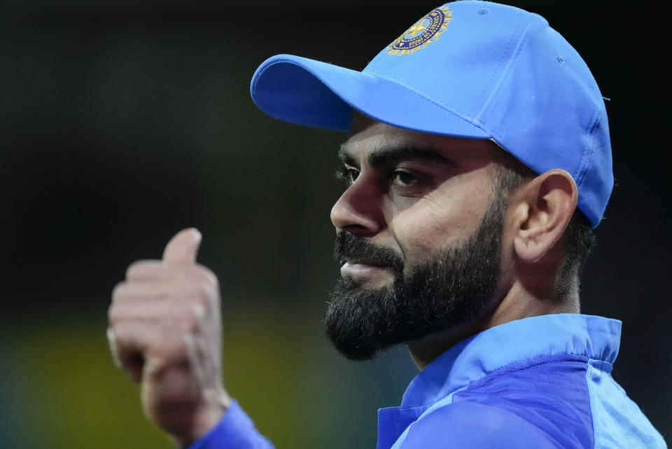 India's Virat Kohli gestures to fans during the T20 World Cup cricket match between India and the Netherlands in Sydney, Australia, Thursday, Oct. 27, 2022. (AP Photo/Rick Rycroft)