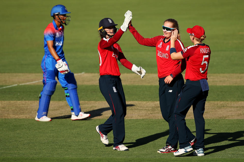 CANBERRA, AUSTRALIA - FEBRUARY 26: Sophie Ecclestone of England celebrates dismissing Nattakan Chantham of Thailand during the ICC Women's T20 Cricket World Cup match between England and Thailand at Manuka Oval on February 26, 2020 in Canberra, Australia. (Photo by Cameron Spencer/Getty Images)