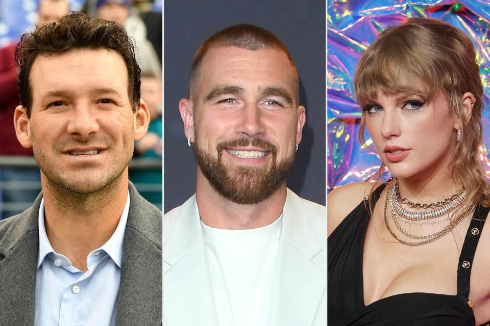 <p>Getty</p> Tony Romo (left), Travis Kelce (center) and Taylor Swift