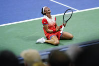 Ons Jabeur, of Tunisia, reacts after defeating Caroline Garcia, of France, in the semifinals of the U.S. Open tennis championships on Thursday, Sept. 8, 2022, in New York. (AP Photo/Matt Rourke)