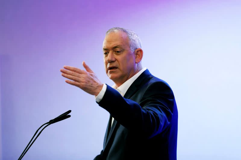 FILE PHOTO: Benny Gantz, leader of Blue and White party, speaks at a regional council chairpersons' conference in Kiryat Anavim