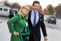 UNITED STATES - DECEMBER 04: Reps. Kyrsten Sinema, D-Ariz., and Aaron Schock, R-Ill., say goodbye after at the bottom of the House Steps after the last vote of the week in the Capitol, December 4, 2014. (Photo By Tom Williams/CQ Roll Call)
