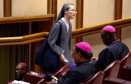 Korean nun Mina Kwon arrives to take part at the synod afternoon session led by Pope Francis at the Vatican October 16, 2018. Picture taken October 16, 2018. REUTERS/Max Rossi