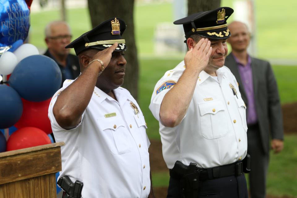 Bergen County Sheriff Anthony Cureton and Bergen County Undersheriff Vincent Quatrone salute Colonel Peter P. Gitto (not shown). Tuesday, August 3, 2021