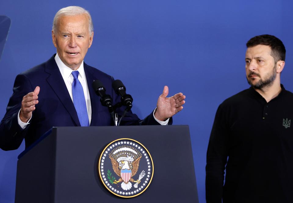 President Joe Biden and Ukraine President Volodymyr Zelenskyy participate in the launching of the Ukraine Compact at the 2024 NATO Summit on July 11, 2024 in Washington, DC.