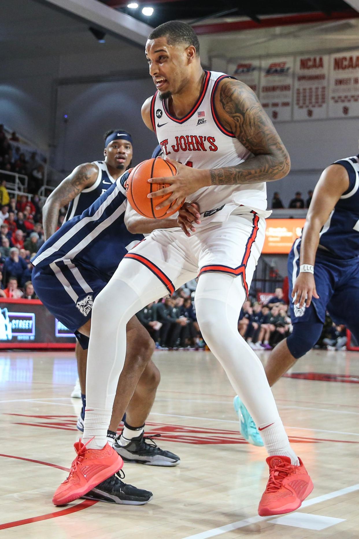 St. John's center Joel Soriano grabs a rebound in a Jan. 2 game against the Butler. Soriano is averaging 17.3 points and 10.3 rebounds a game for the Red Storm.