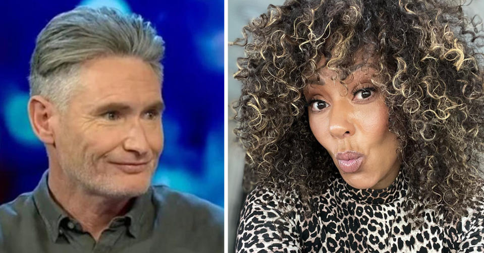 L: Masked Singer judge Hughesy on The Project. R: Selfie of Mel B in leopard print